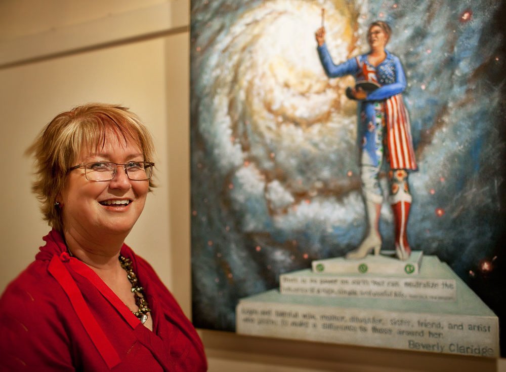 Opening Night Beverly Claridge standing by In Memory of Turning to Stone