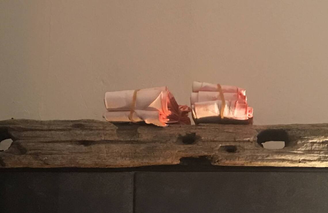 Monoprinting Trials And First World Problems 2 Stained, Folded And Banded Paper Drying Over The Wood Fire