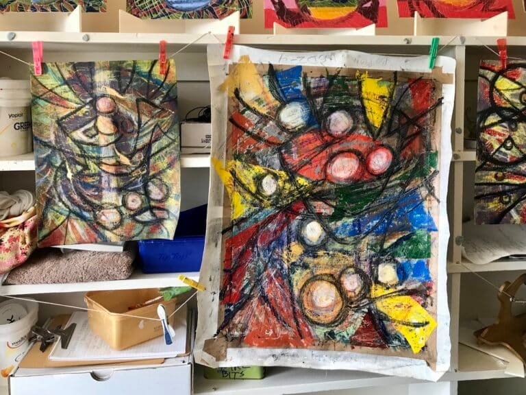 Prance and Skip, drying in studio