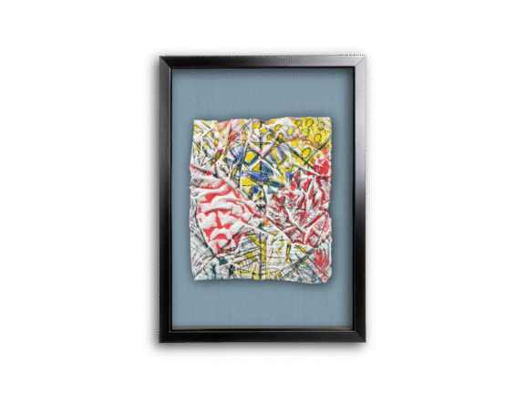 And, Really Live It Up, Virtually framed, Denim mat. Inktense, oil-stick on pre-treated textural watercolour paper 280 x 320 mm. Shown virtually framed. Denim mat.