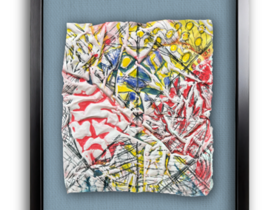 And, Really Live It Up, Virtually framed, Denim mat. Inktense, oil-stick on pre-treated textural watercolour paper 280 x 320 mm. Shown virtually framed. Denim mat.