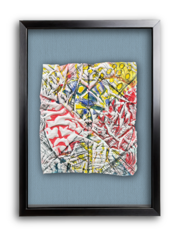 And, Really Live It Up, Virtually framed, Denim mat. Inktense, oil-stick on pre-treated textural watercolour paper 280 x 320 mm. Shown virtually framed. Denim mat.