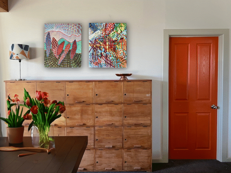 Quickening and Abounding, shown virtually hung over vintage lockers in my dining room.