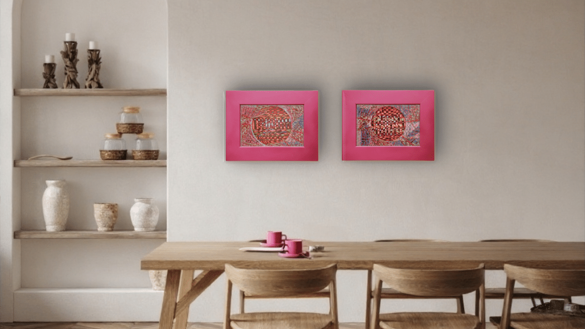 You Look Splendidly Sanguine, left, and Or Maybe Fabulously Florid, right, in the Cloud Dancer dining room.